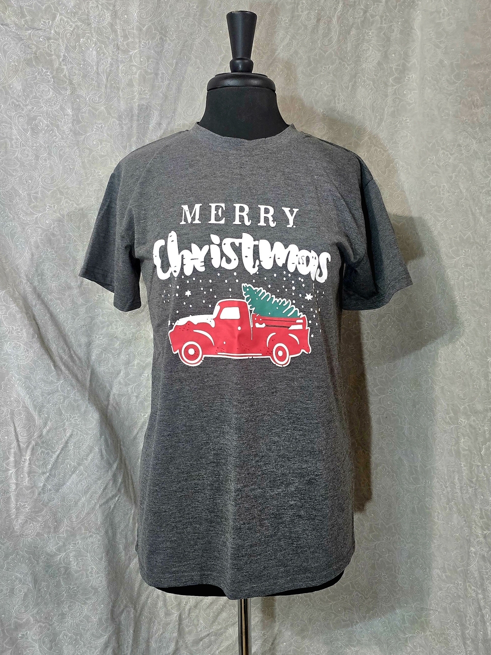 Merry Christmas Red Truck Graphic Tee Shirt Charcoal Gray M Stretch